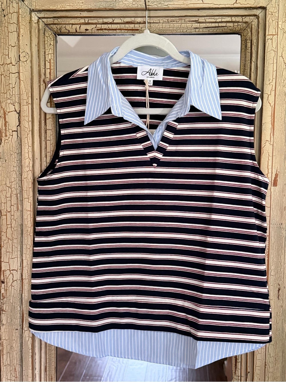 Able Navy, White & Red Striped Sleeveless Polo Tank with Blue Contrast Collar